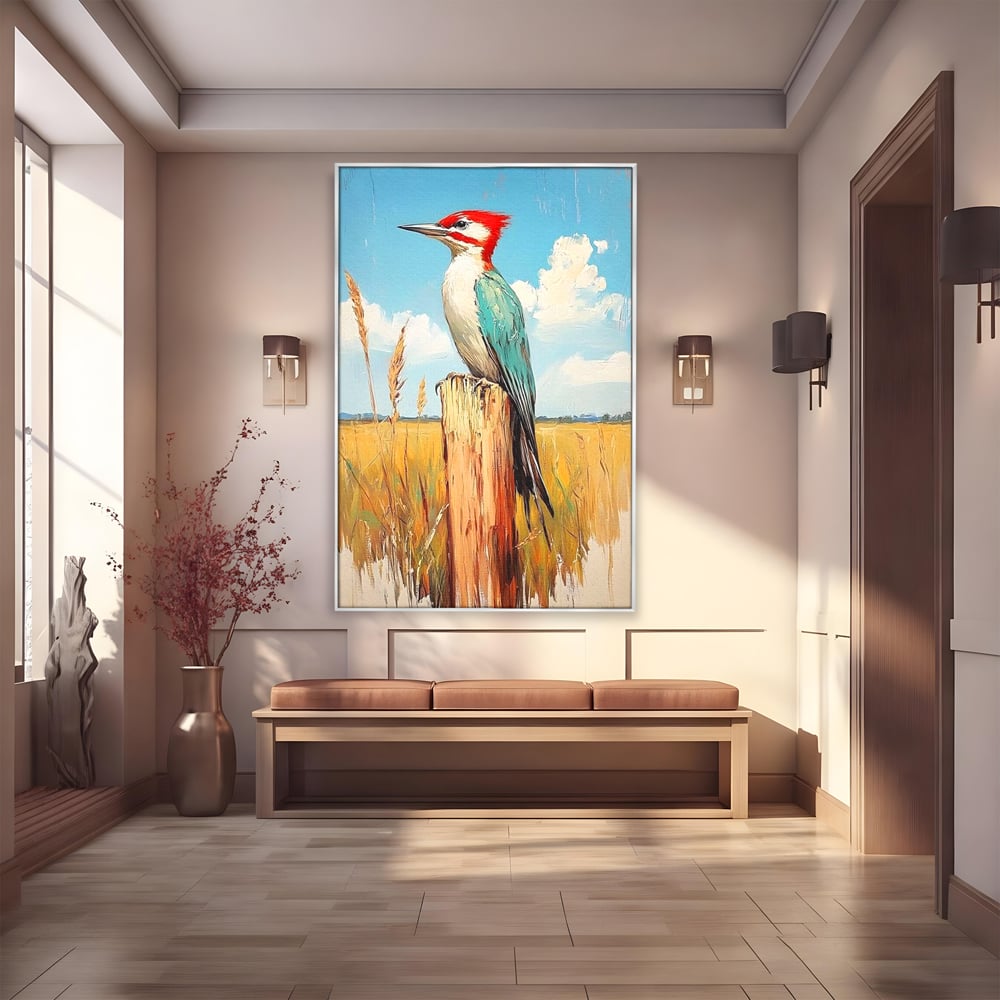 Tablou canvas cu tablou cu ciocanitoare pe un stalp, in rama de aluminiu argintiu